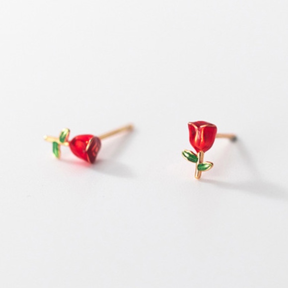 Sterling Silver Red Rose Earrings Floral Flower Red Green Stud Earrings - Picture 2 of 5